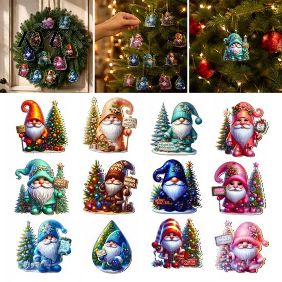 Cute Gnome Bag Pendants 12Pcs Christmas Hanging Ornaments, 2D Flat Colorful Pendants, Acrylic Xmas Tree Dwarf Party Decor Decorations with Chain