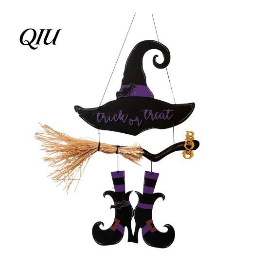 Witch Hat Wall Decor Halloween Boot Sign, Hanging Trick or Treat Decoration Reusable Sign for Home Room, Wooden Front Door Hanger Holiday
