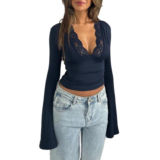 Женский укороченный топ с длинными рукавами, сексуальный, глубокий V-образный вырез, кружевная облегающая блузка, повседневная базовая рубашка для выхода на весну и осень