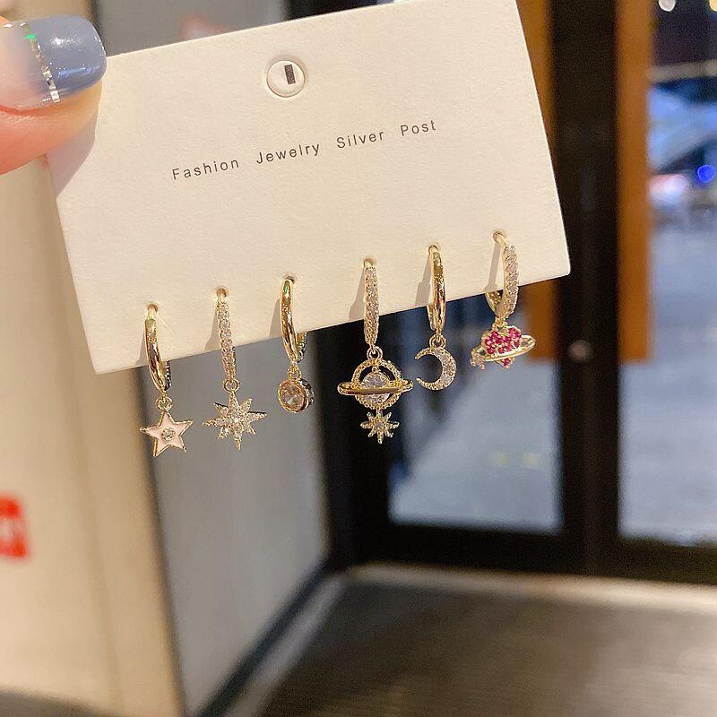 Новый набор сережек-колец в виде звезды и луны, наборы длинных золотых сережек для женщин, модные ювелирные изделия, подарочные подарки S-E1283