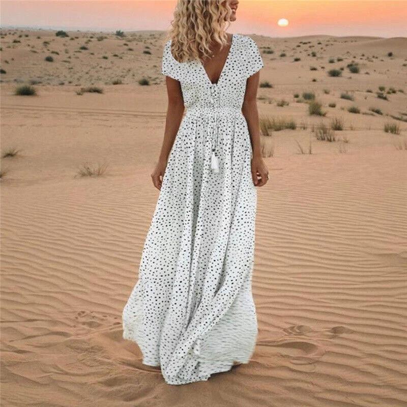 Summer Women's Beach Holiday V Neck Long Maxi Dress Ladies Boho Holiday Sundress