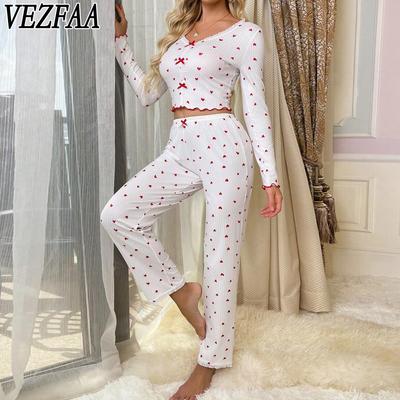 Женская мода повседневная весна осень Love Letter Print Длинные рукава V-образный вырез Брюки Костюмы