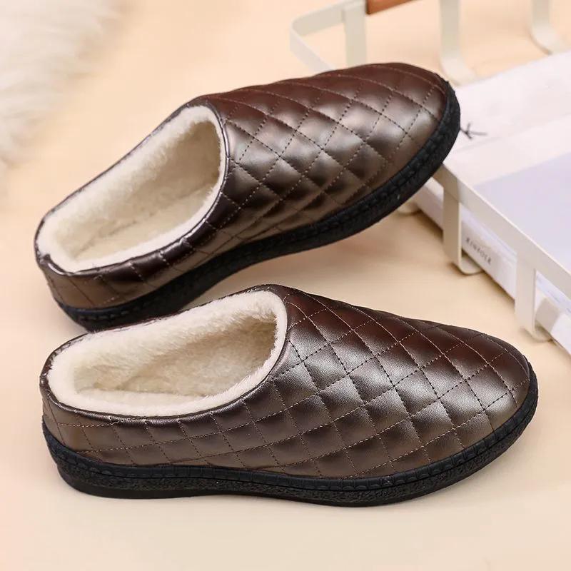 WTEMPO Искусственная кожа большого размера, однотонные туфли, женские, осень-зима, теплые, повседневные, плюшевые, ПУ, тапочки