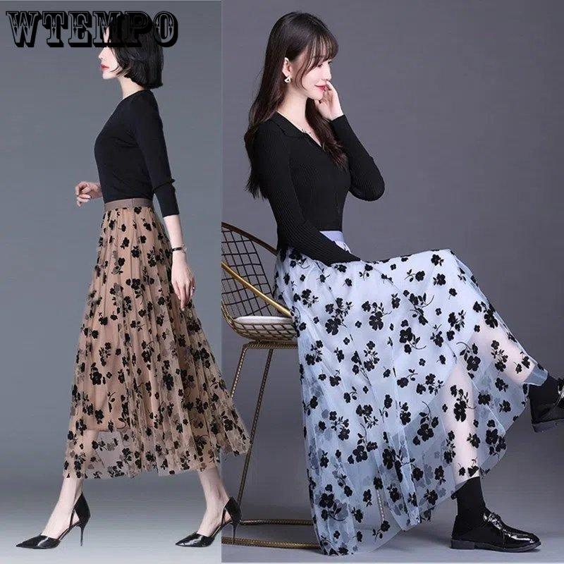 WTEMPO Сетчатые однотонные юбки с цветочным принтом, женские весенне-летние черные длинные газовые юбки, эластичные элегантные пышные юбки с высокой талией