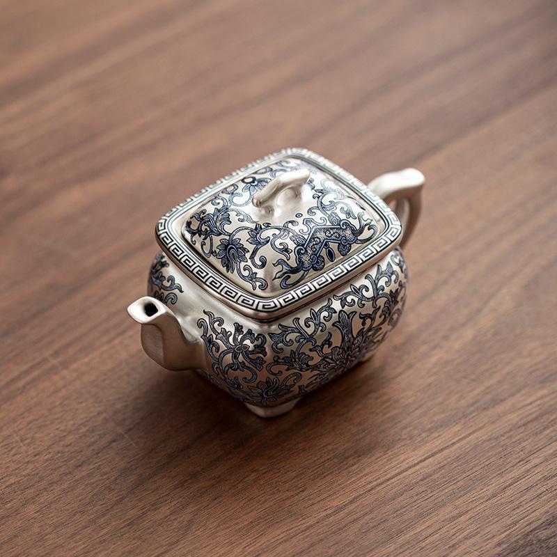 Позолоченный серебряный чайник ручной работы, цветной эмалированный чайник, домашний керамический чайный сервиз в стиле кунг-фу, квадратный чайник в китайском стиле, подарок