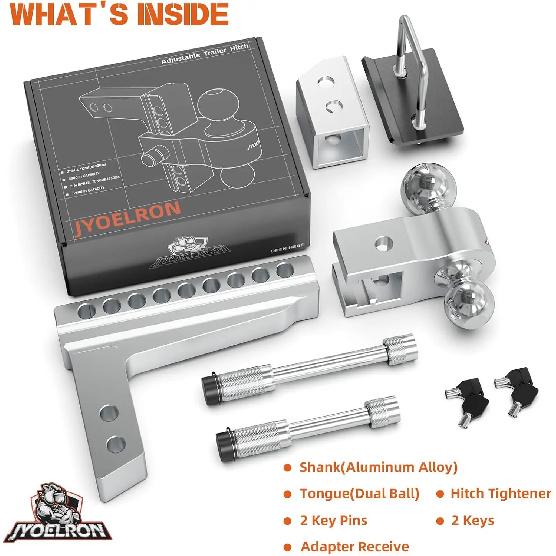 Adjustable Aluminum Trailer Hitch Ball Mount for 2" Receiver with 8" Drop/Rise, Dual Balls, 12.5K GTW