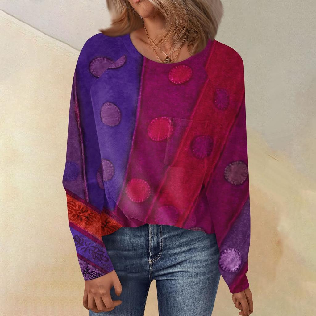 Women's Round Neck Floral Print Raglan Sleeves Long Sleeves All-match Loose Top