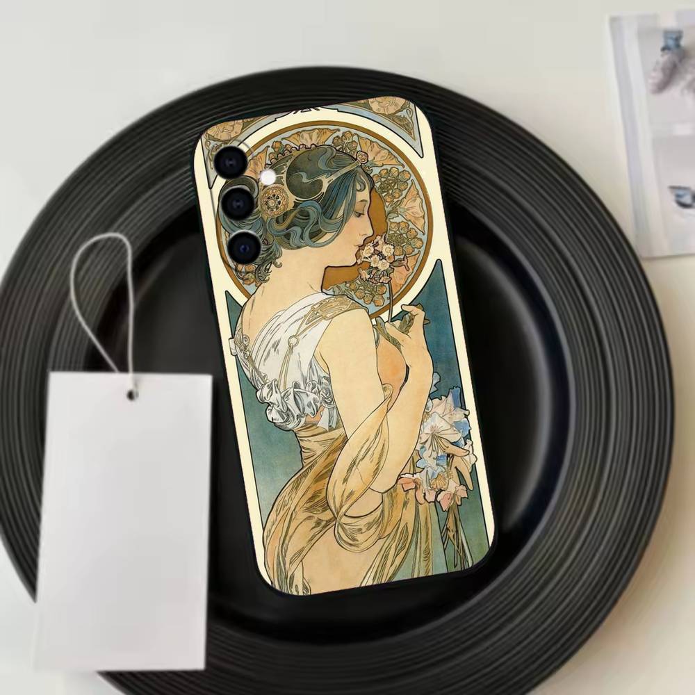 Alfons Mucha P-Primavera Phone Case Black Silicone Soft For Samsung Galaxy A73,A72,A71,A70,A53,A52,A51