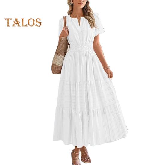 Женское летнее платье макси, повседневное платье с V-образным вырезом, коротким рукавом, многослойное струящееся платье, присборенная талия, плиссированное длинное платье