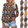 Women's Long Sleeve Round Neck T-Shirts Halloween  Print Puff Sleeve Shirts Button Blouses Tops