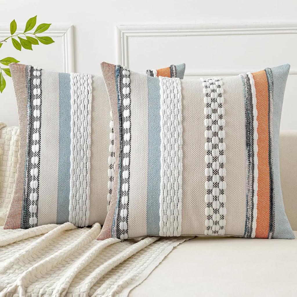 Boho Throw Pillow Cover 18x18 Decor Cushion Cases Multicolor Striped Chenille Pillow Cover Accent Pillowcase for Sofa Couch Bed