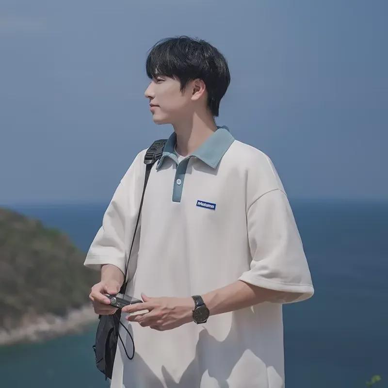 Мужская рубашка-поло в японском стиле в стиле ретро, контрастного цвета, плотная, свободного кроя, короткие рукава