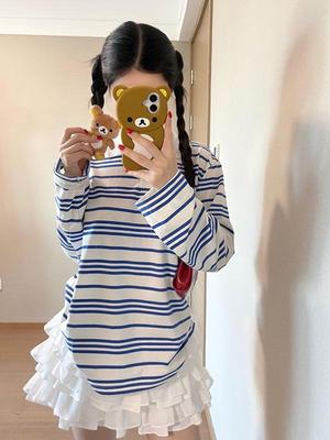 Женская осенняя рубашка поло в корейском стиле 2025 года с полосатым колор-блоком в стиле преппи - с длинным рукавом, повседневного и свободного кроя