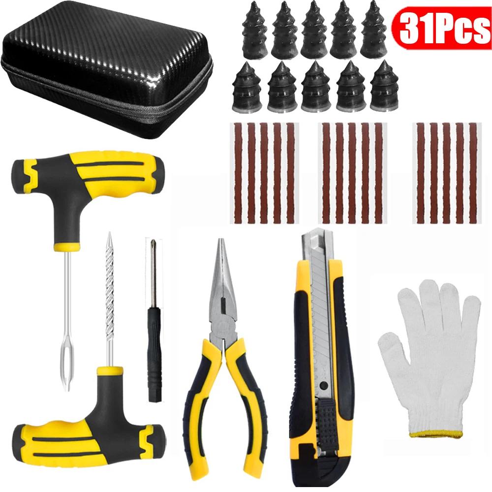 31Pcs Car Tire Repair Tool Auto Bike Tubeless Tire Tyre Puncture Tire Repair Kit Plug Garage Repair Plug Tools Kit Accessories