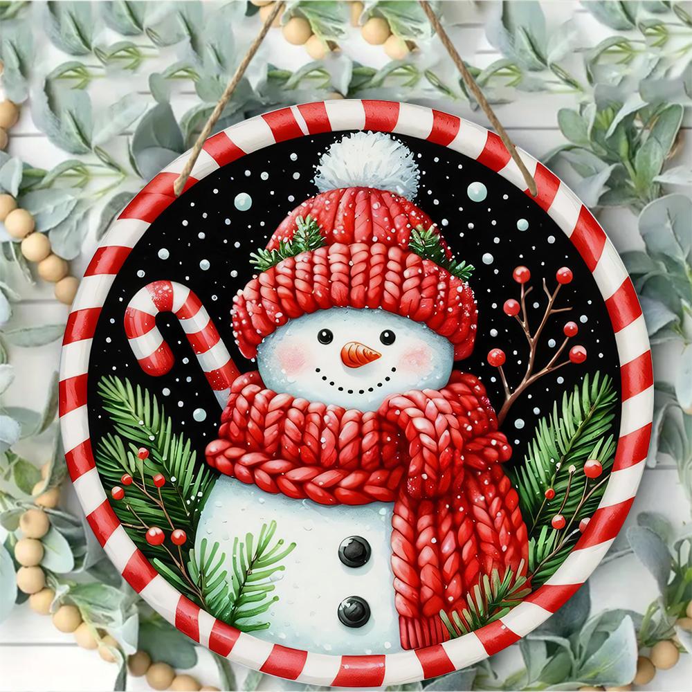 Snowman pattern winter holiday wall art Round Wooden Hanging Plaque seasonal farmhouse decor porch door sign Christmas home party ornament