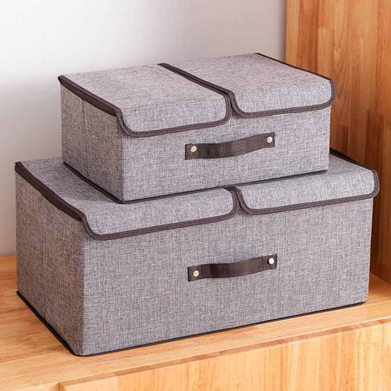 Складной ящик для хранения из хлопчатобумажной льняной ткани с двойной крышкой, органайзер для хранения различных вещей