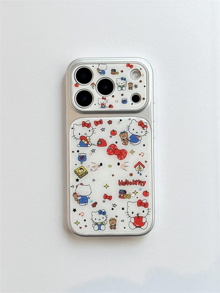 Kawaii Characters Hello Kitty Glitter Phone Case For iPhone 15 16 17 Pro Max INS Cute Sweet Style Large Window Shockproof