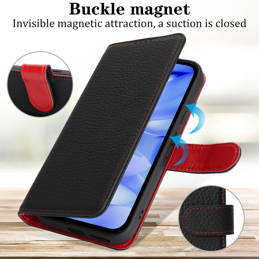 For Google Pixel 9a Stand Case Litchi Texture Genuine Cow Leather Wallet Phone Cover RFID Blocking