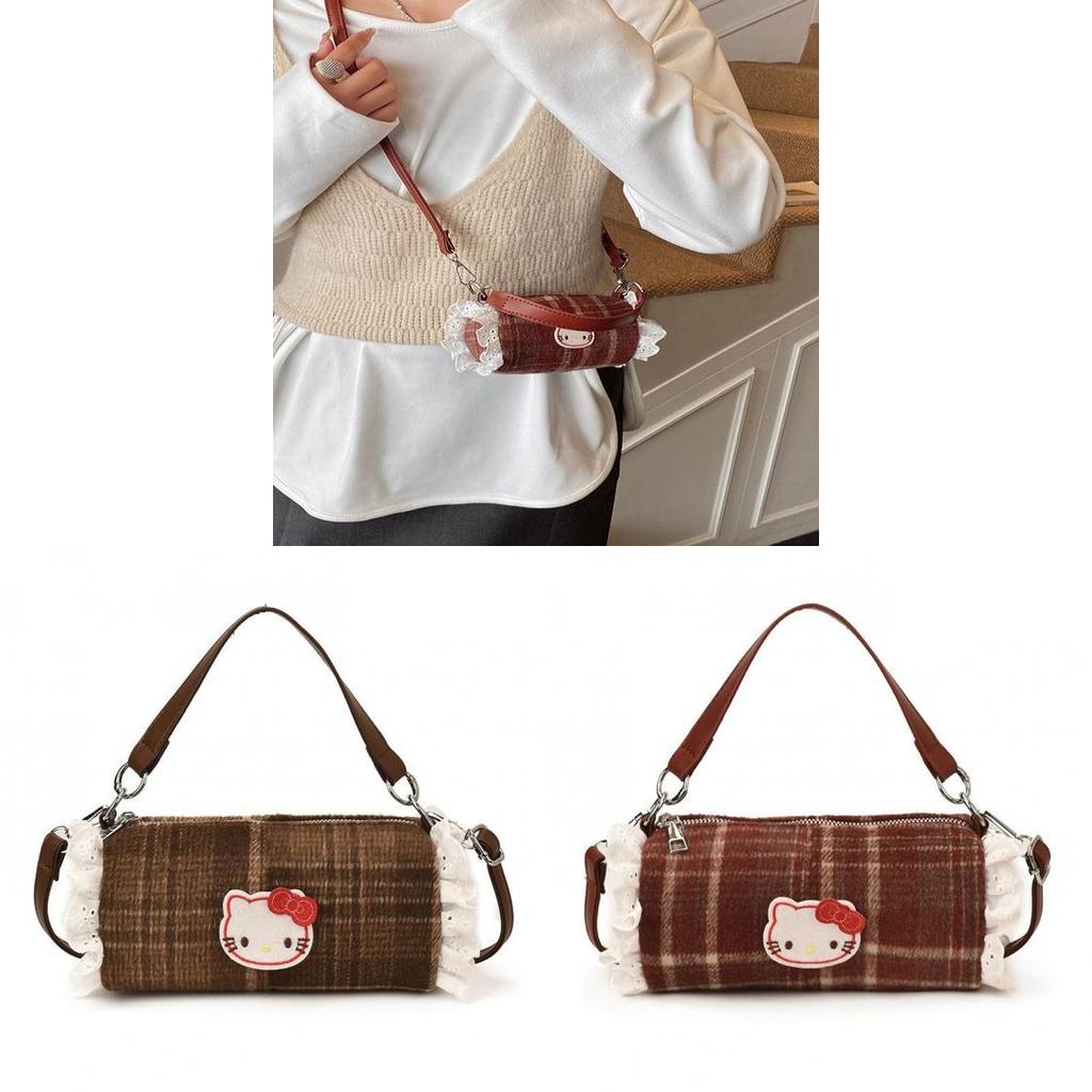Versatile Hello Kitty Plaid Pattern Cat Shoulder Bag With Adjustable Strap For Men And Women