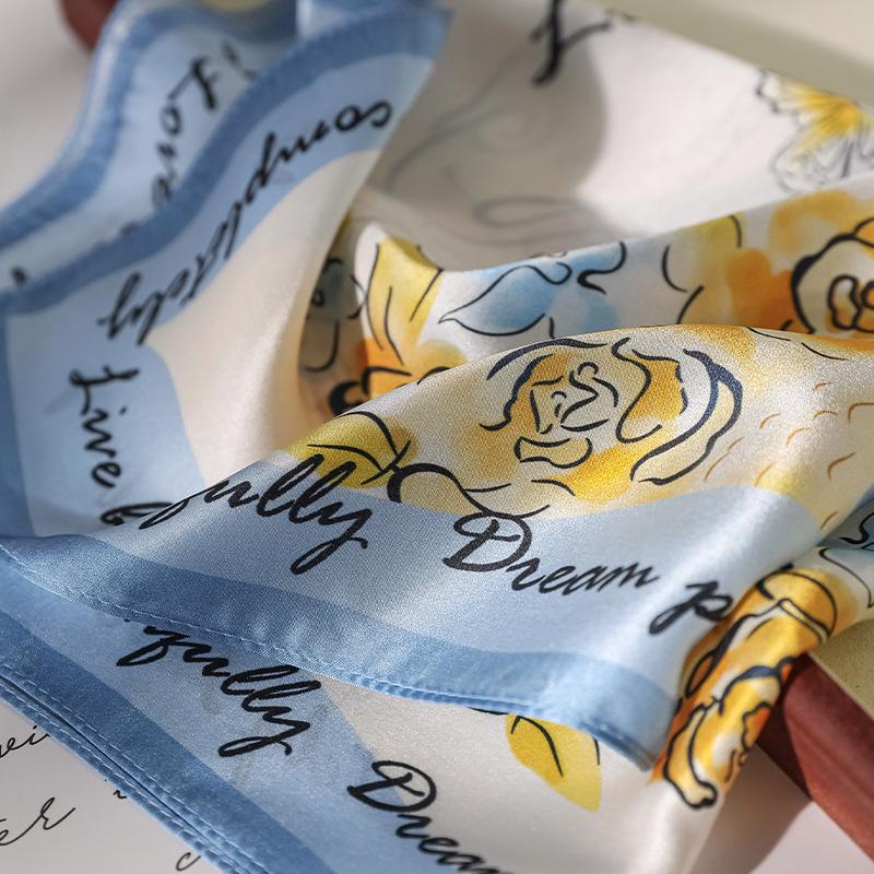 Silk small square scarf scarf women's spring and summer mulberry silk high-end versatile printing blue sunscreen neck protection neck silk scarf