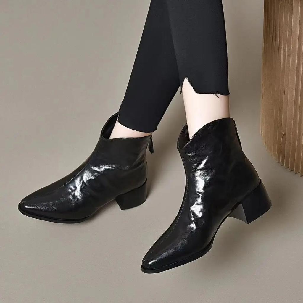 Female Short Shoes Leather Booties Fashion 2024 Pointed Toe Women's Ankle Boots Y2k Designer Luxury Footwear Sale On Promotion