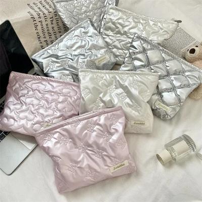 Стеганая косметичка с бантом из искусственной кожи, многофункциональная сумка для хранения косметики, помады и гигиенических салфеток