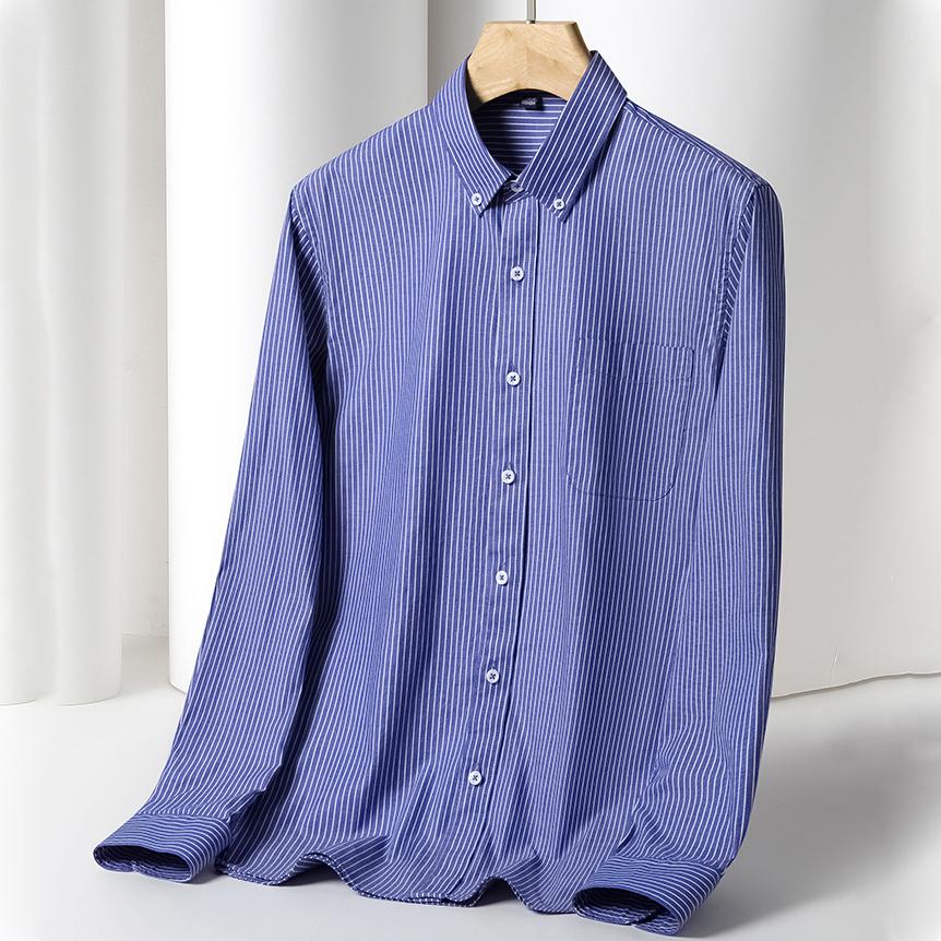 100% Cotton Striped Shirt Soft Comfortable Long Sleeve Business Men Office Casual Shirt with Pocket Slim Fit