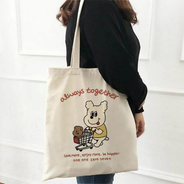 Kawaii мультяшная модная универсальная сумка для покупок с милым узором, холщовая сумка на плечо, милая женская сумка в стиле Харадзюку, белая, большая вместимость, пляжная B