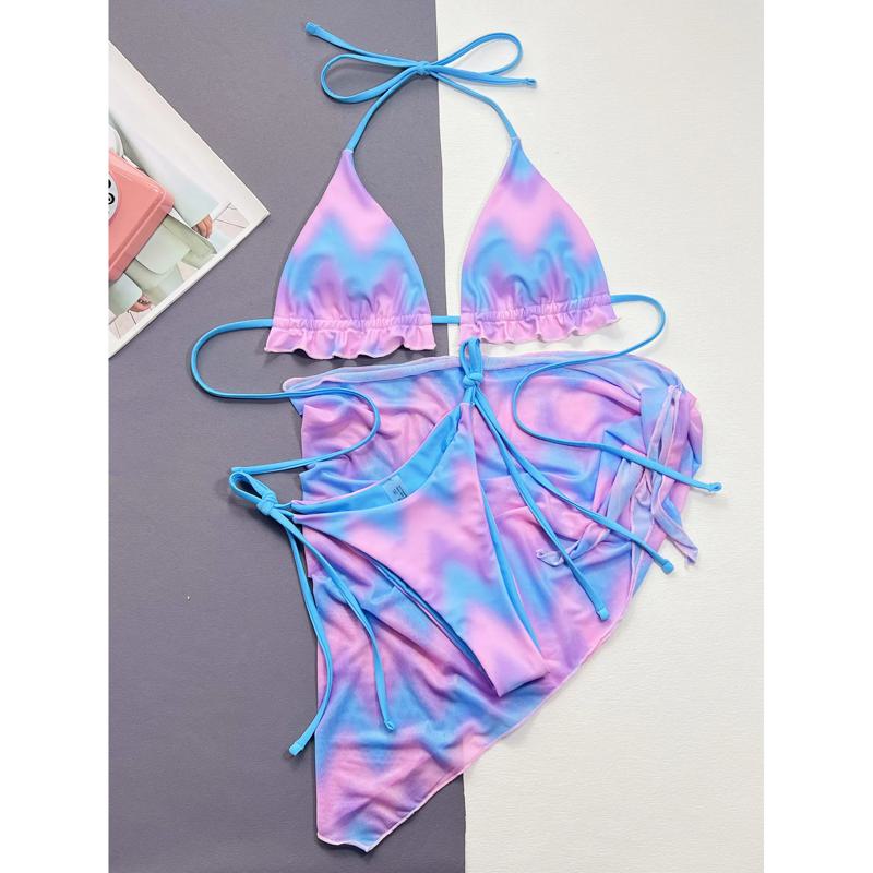 Красочный принт, 3 шт., высокая юбка с завязками, комплект бикини, женский купальник, стринги на шнуровке, купальник, купальный костюм с крестообразным нажатием