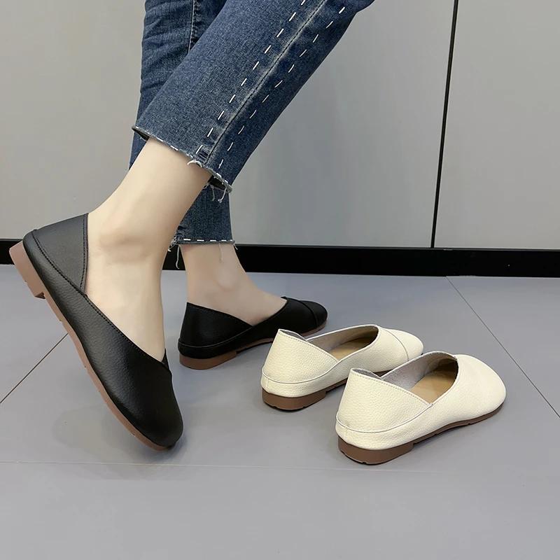 Women's Slip On Leather Loafers Spring Autumn Ballet Shoes Ladies Casual Round Toe Cute Flats Nurse Shoes Sneakers Plus Size 43