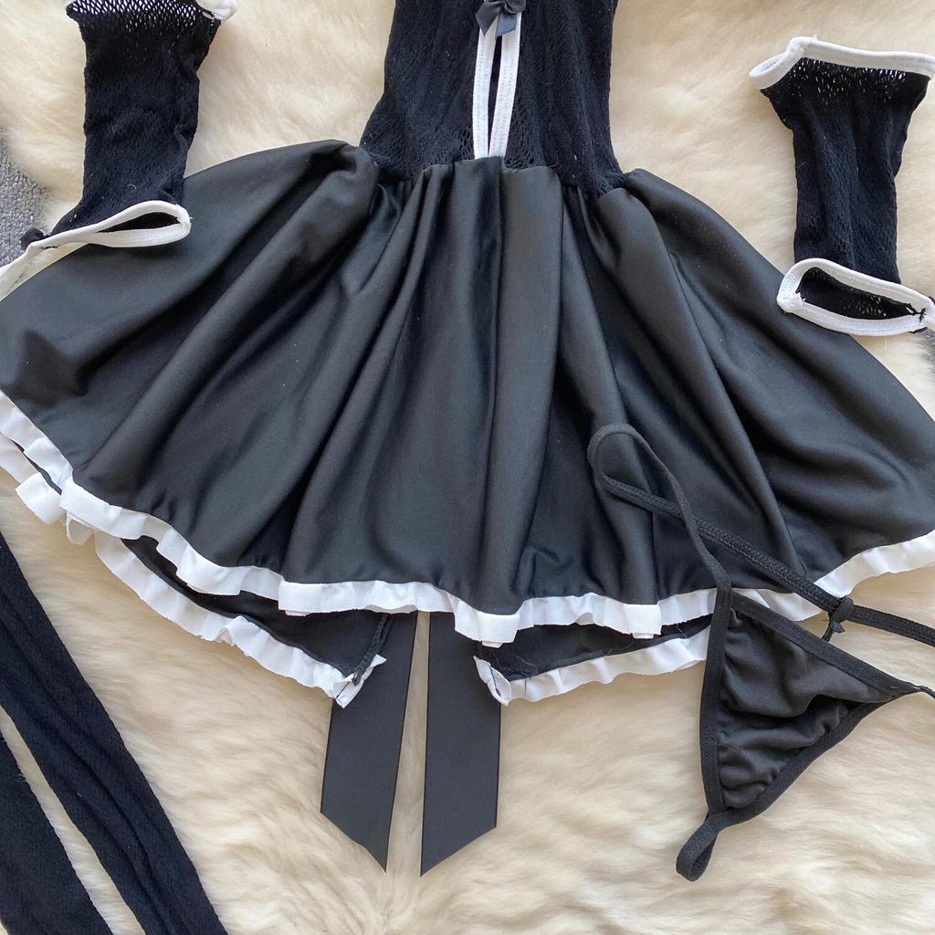 Japanese Cute Cat Erotic Night Dress Women Strapless Slim Bow Backless Nightwear Playsuits Female Hollow Out Sheer Uniform Sexy Pajamas 2024