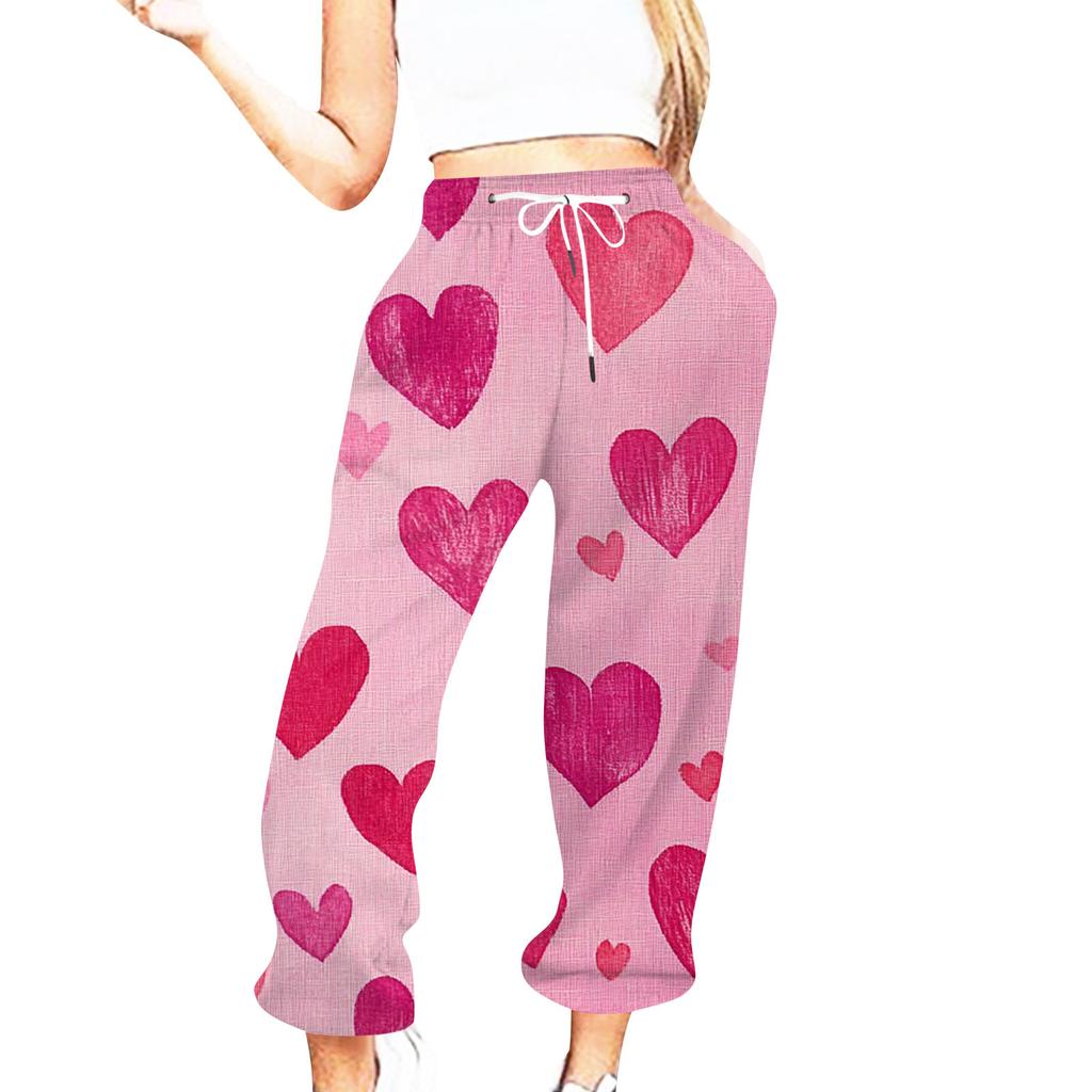Женская повседневная мода День святого Валентина Повседневные брюки с принтом Спортивные брюки Брюки с эластичной резинкой на талии со шнурком Брюки со шнурком