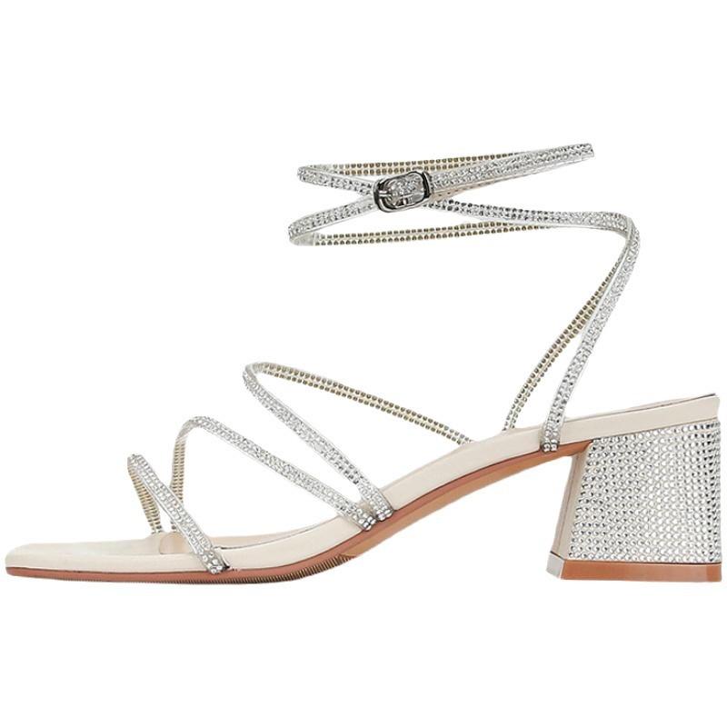 Летний вечерний бриз 2025 года фея сандалии на толстом каблуке с ремешком на одной пряжке женские французские стразы ремешок-змея высокие каблуки