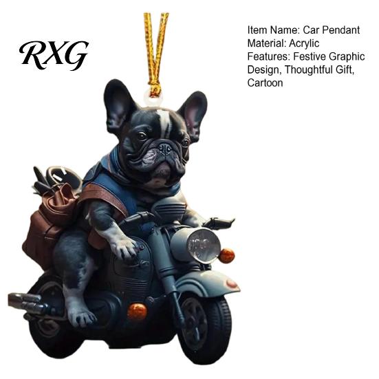 Lightweight Backpack Keychain Puppy Riding Motorcycle Car Pendant, 2D Flat Acrylic Rearview Holiday Gift for Dog Lovers Mirror Hanging Charm,