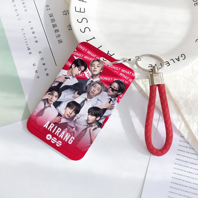 BTS Sliding Photocard Holder, Protective ID Badge Card Case with Braided Keychain Strap, Student Campus Bus Meal Card Protector Merch for ARMY