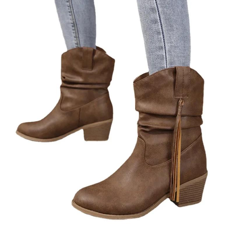 Женские винтажные коричневые ковбойские сапоги в стиле вестерн, осенне-зимние ботильоны из искусственной кожи с кисточками, женские плиссированные ботинки до середины икры на высоком каблуке