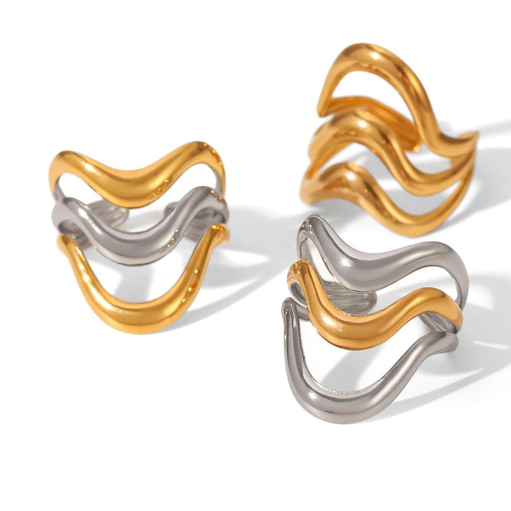 Европейское и американское геометрическое трехслойное полое золото и серебро открытое кольцо