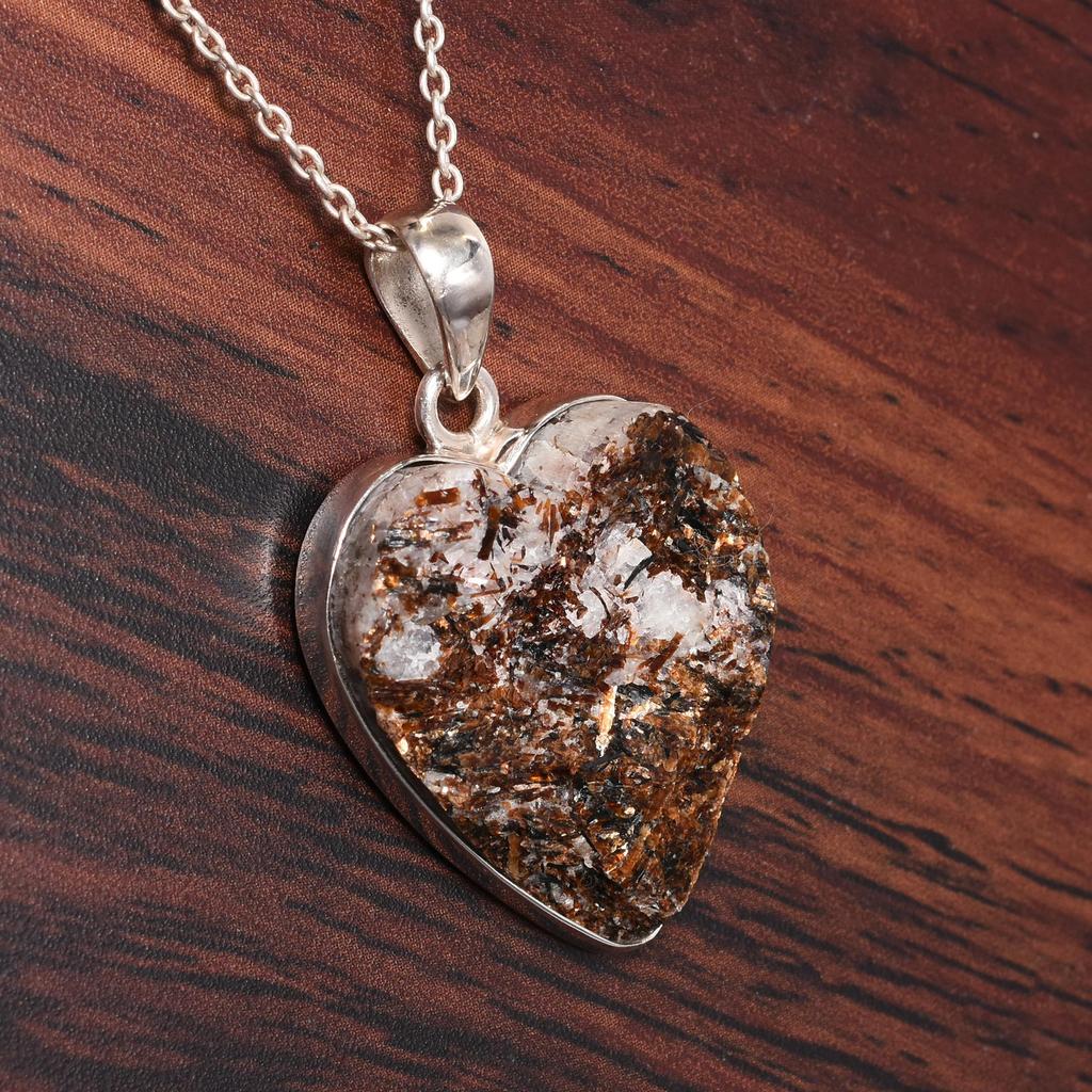 Natural Astrophyllite Necklace, 925 Sterling Silver Necklace Pendant, Handmade Silver Jewelry, Raw Crystal Druzy Heart Necklace, Gift For Her