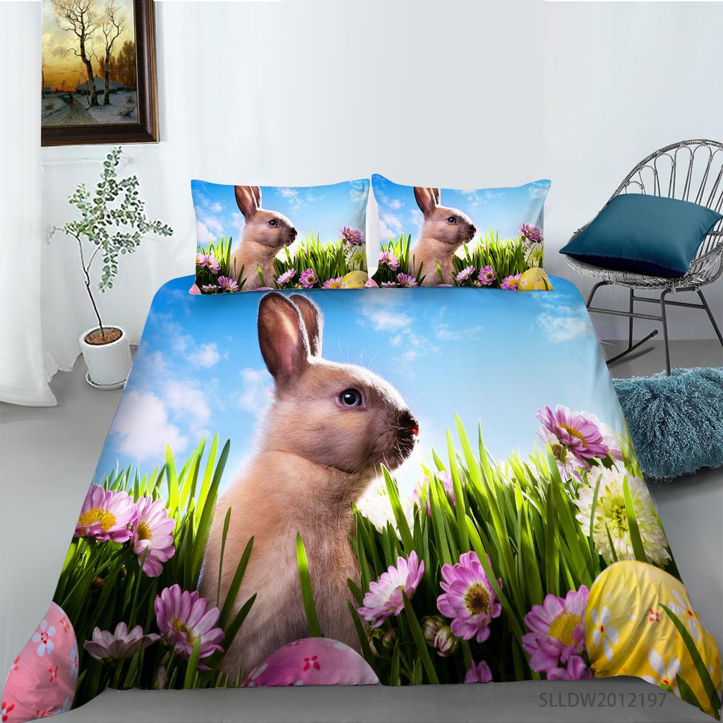 3D Printed Rabbit Bedding Set Cute Animal Down Duvet Cover Pillowcase 2/3 Pieces AU/EU/DE Full Size Soft Home Textile Easter Quilt Cover