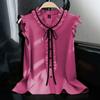 1116 large size European and American women's clothing temperament vest, fungus edge V-neck lace-up single-breasted drape sleeveless shirt