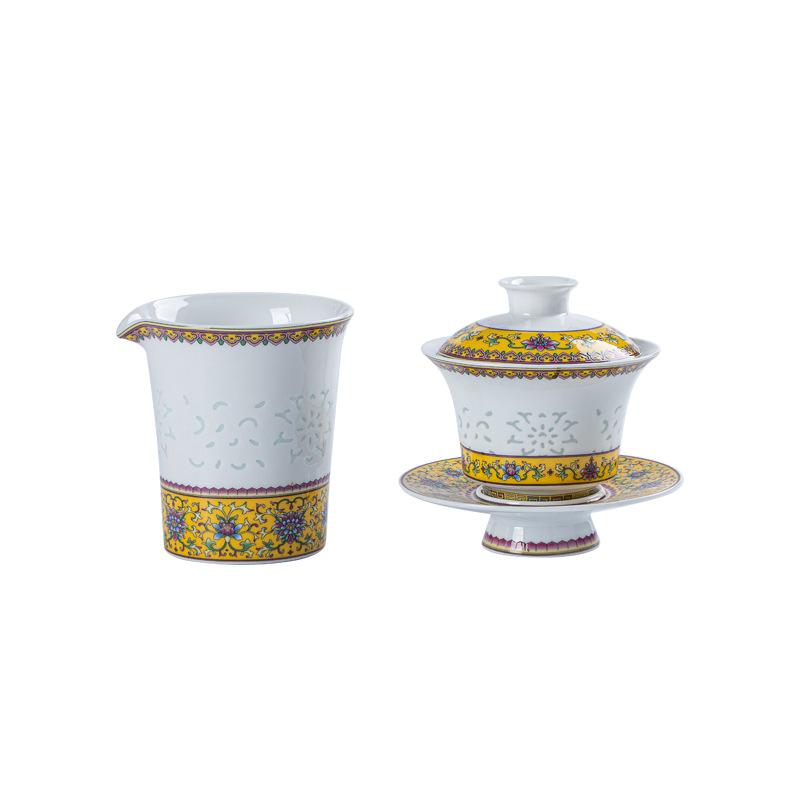 Jingdezhen tea set, enamel color exquisite porcelain kung fu tea set, a complete set of three talent bowls, high-end gifts