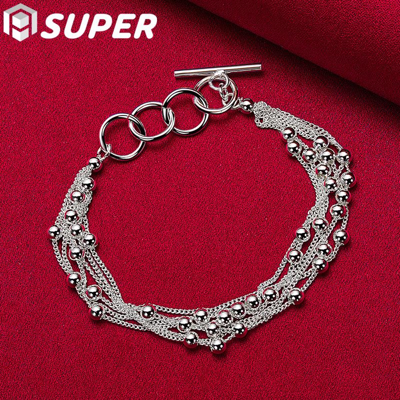 Элегантный браслет из нескольких цепочек из стерлингового серебра 925 пробы с гладкими бусинами и застежкой-тоггл