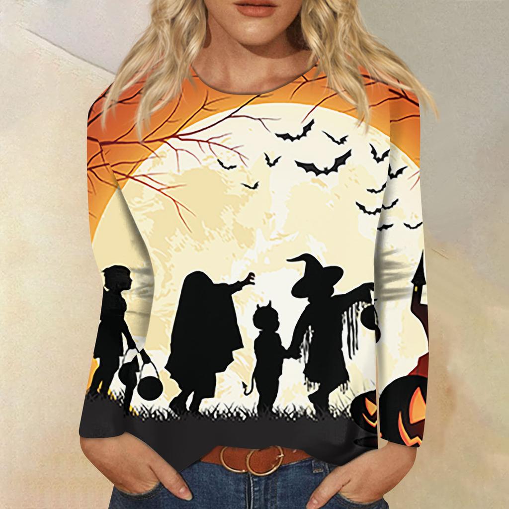 Women's Fashion Casual Long Sleeve Striped Halloween Printed Round Neck Top