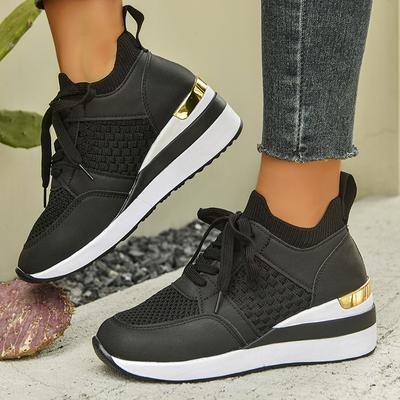 Модные дышащие сетчатые кроссовки для ходьбы для женщин больших размеров, модные черные кроссовки на танкетке, женские легкие нескользящие носки, повседневные кроссовки