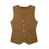 2024 Autumn Women's Knit Vest with Gold Buttons - Wool V-Neck Sleeveless Solid Color Top