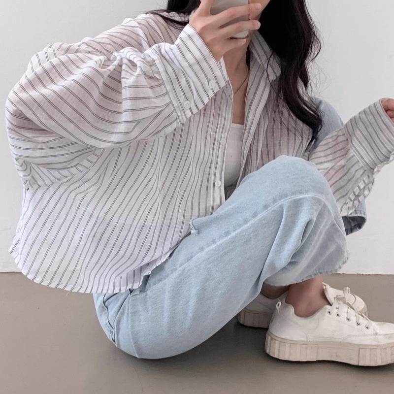 Свободная и универсальная легкая рубашка с солнцезащитным кремом в стиле ленивой моды, женская рубашка с длинными рукавами и короткими полосками в стиле ретро