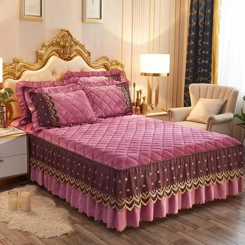 Luxury Winter Fast Warm Velvet Bed Skirt Ultra Soft Thick Flannel Quilted Bed Sheet Non Slip Bed Cover Bedspread King Size