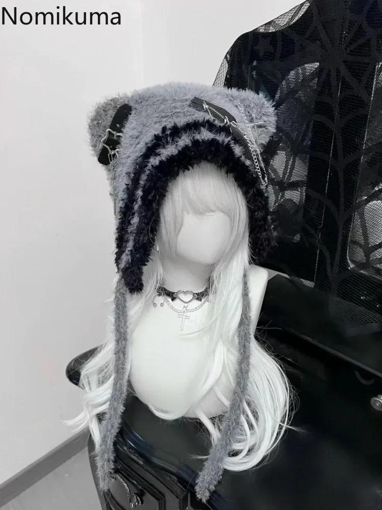 Harajuku Gothic Lolita Вязаная шапка с кошачьими ушками Женская панк-дизайнерская зимняя черная шапка-бини Милая шапка Женские аксессуары Кепка
