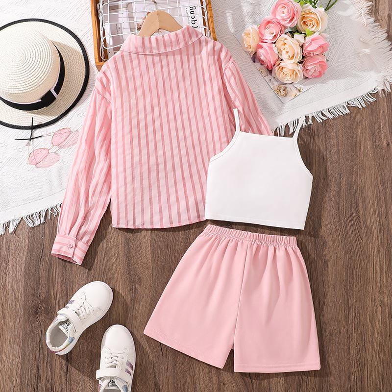 Повседневный костюм для девочек, летняя детская рубашка с длинными рукавами и защитой от солнца, жилет, шорты, костюм-тройка