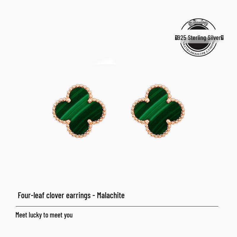 Four-Leaf Clover S925 Silver 9mm Stud Earrings with Red Agate, Black Agate, Turquoise, Butterfly, White Shell, Gray Shell, and Pink Shell for Women.